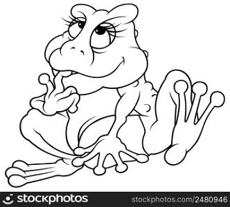 Drawing of a Sitting Pensive Frog - Cartoon Illustration Isolated on White Background, Vector