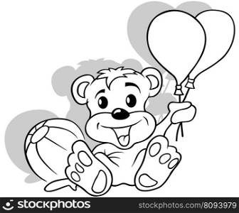 Drawing of a Sitting Teddy Bear with Party Balloons in Paw - Cartoon Illustration Isolated on White Background, Vector
