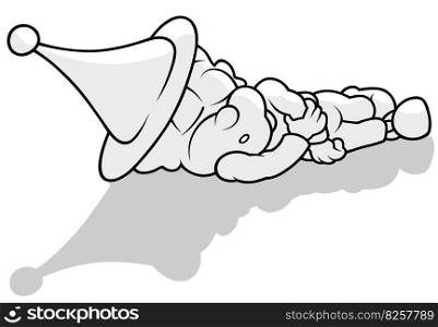 Drawing of a Sleeping Little Elf on the Ground - Cartoon Illustration Isolated on White Background, Vector
