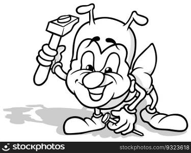 Drawing of a Smiling Ant with a Hammer and a Nail in his Hands - Cartoon Illustration Isolated on White Background, Vector