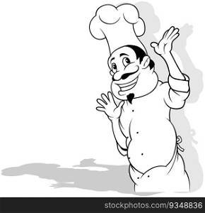 Drawing of a Smiling Chef in White Uniform Gesticulating with his Hands - Cartoon Illustration Isolated on White Background, Vector