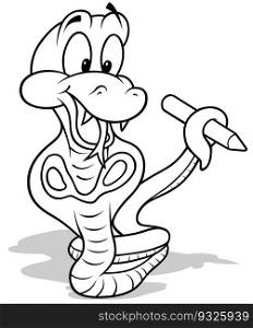 Drawing of a Smiling Cobra Holding a Crayon - Cartoon Illustration Isolated on White Background, Vector