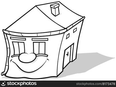 Drawing of a Smiling House with a Face - Cartoon Illustration Isolated on White Background, Vector