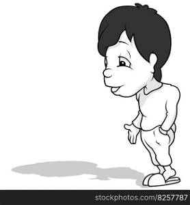 Drawing of a Standing Black-haired Boy in Pajamas - Cartoon Illustration Isolated on White Background, Vector
