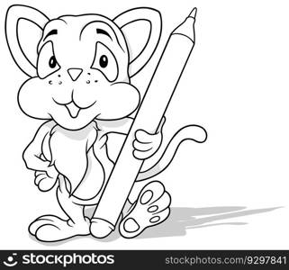 Drawing of a Standing Kitty Holding a Felt Tip Pen - Cartoon Illustration Isolated on White Background, Vector