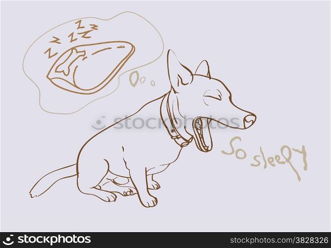 Drawing of adorable yawning dog while thinking to bed
