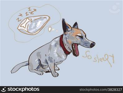 Drawing of adorable yawning dog while thinking to bed