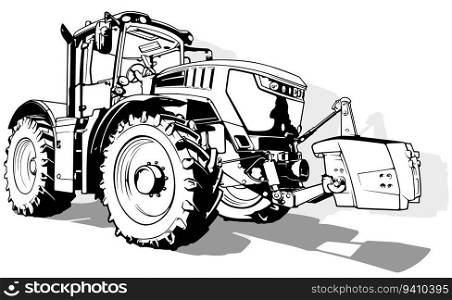 Drawing of Agricultural Tractor from Side View - Black Illustration Isolated on White Background, Vector