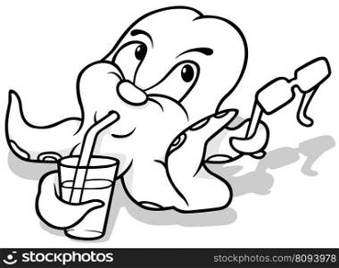 Drawing of an Octopus Drinking Lemonade and Holding Sunglasses in its Tentacle - Cartoon Illustration Isolated on White Background, Vector