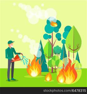 Drawing of Civilian Trying to Extinguish Fire. Drawing depicting civilian trying to put out fire. Vector illustration of man extinguishing wildfire that engulfed trees, bushes and grass