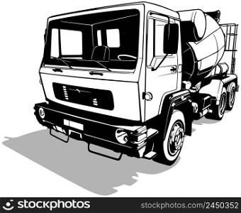 Drawing of Concrete Mixer Truck from Front View - Black Illustration Isolated on White Background, Vector