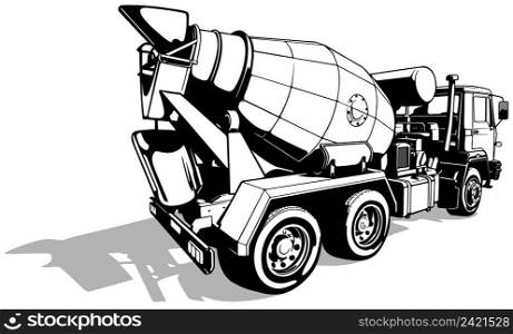 Drawing of Concrete Mixer Truck from Rear View - Black Illustration Isolated on White Background, Vector