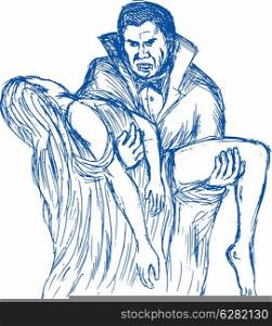 drawing of Count Dracula or vampire carrying his prey. Count Dracula or vampire carrying his prey