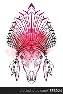 Drawing of deer skull with native cap of Indian with feathers, decorations and red watercolor splashes. Tribal costume. Vector illustration for sketch of tattoo, printing on T-shirts and your design. Drawing of deer skull with native cap of Indian with feathers, decorations and red watercolor splashes. Tribal costume.