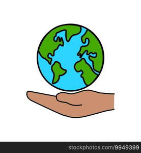 Drawing of earth on human hand on white background. World on people hand.