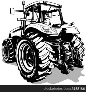Drawing of Farm Tractor from Rear View - Black Illustration Isolated on White Background, Vector
