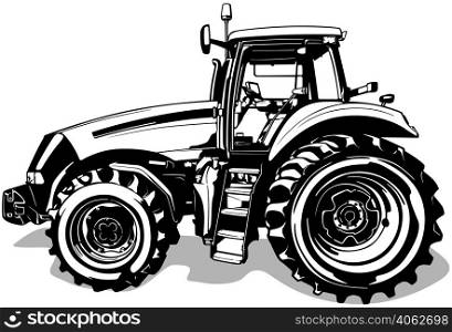 Drawing of Farm Tractor from Side View - Black Illustration Isolated on White Background, Vector