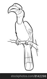 Drawing of Great hornbill bird hold on twig, vector illustration