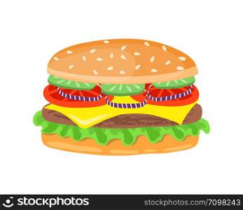 Drawing of hamburger with cheese, tomatoes, chop, lettuce, onion, cucumber in flat cartoon style. Illustration for design fast food menu. Vector