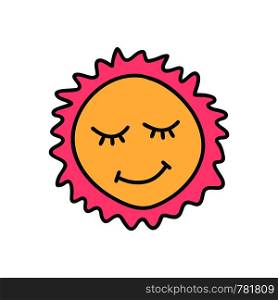 Drawing of happy smiling sun. Vector illustration. Funny greetings for clothes, card, badge, icon, postcard, banner, tag, stickers, print.