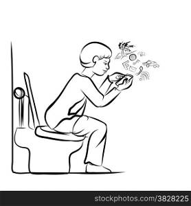 Drawing of man using mobile phone for social network in toilet