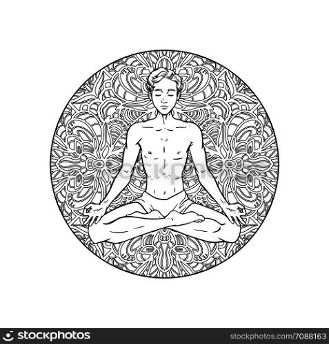 Drawing of meditating yogi on mandala background, relaxed man in lotus pose, vector illustration