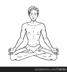 Drawing of meditating yogi, relaxed man in lotus pose, vector illustration