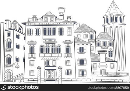 Drawing of old traditional houses and bell tower isolated on white background. Venice. Italy. Vector illustration.. Black and white drawing of old Venetian houses on the embankment and the bell tower on a white background.