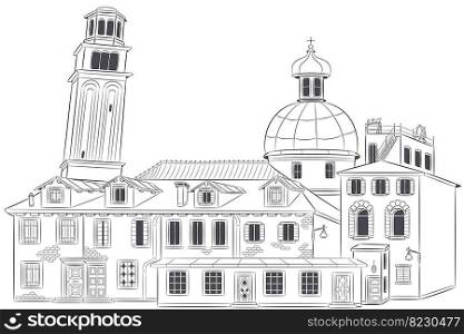Drawing of old traditional houses bell tower and dome of the cathedral isolated on white background. Venice. Italy. Vector illustration.. Black and white drawing of old Venetian houses and a bell tower on a white background.