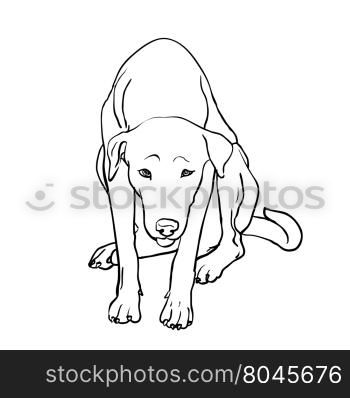 Drawing of sad stray dog sitting on white background