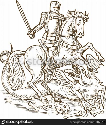 drawing of Saint George knight and the dragon doen in black and white. Saint George knight and the dragon