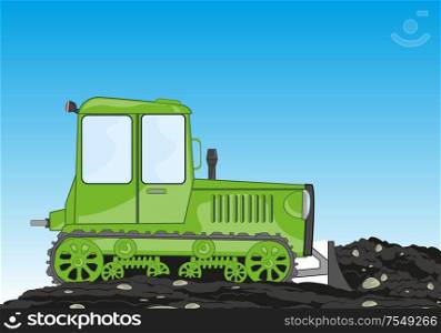 Drawing of the tractor with shovel shovels land. Vector illustration crawer with shovel pushing aside ground