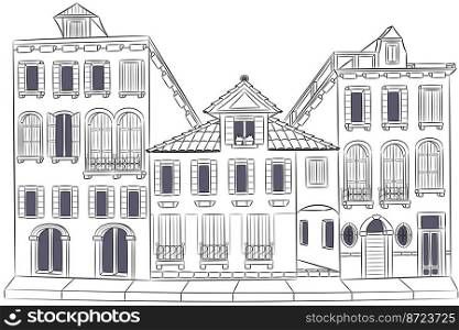 Drawing of three old traditional houses isolated on a white background. Venice. Italy. Vector illustration.. Black and white drawing of vintage Venetian houses isolated on white background.