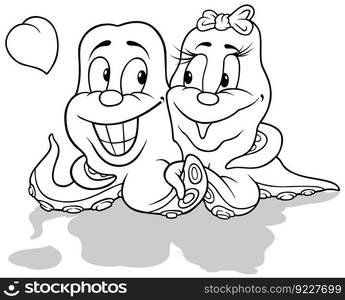 Drawing of Two Octopuses in Love - Cartoon Illustration Isolated on White Background, Vector