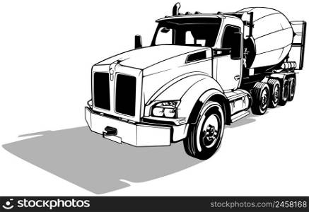 Drawing of US Concrete Mixer Truck from Front View - Black Illustration Isolated on White Background, Vector