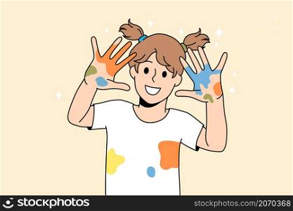 Drawing painting and children fun concept. Smiling girl kid standing showing hands with colorful dots after painting feeling cheerful vector illustration . Drawing painting and children fun concept