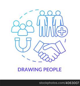 Drawing people blue gradient concept icon. Making friends easily. Amiable person. Charisma benefit abstract idea thin line illustration. Isolated outline drawing. Myriad Pro-Bold font used. Drawing people blue gradient concept icon