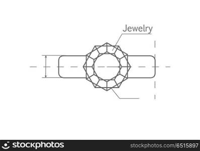 Drawing precious ring with diamond. Vector in flat style design. Designing perfect jewelery. Masterful jeweler work. Illustration for jewelry studio and store ad. Isolated on white background.. Drawing Jewels Ring Vector Illustration. Drawing Jewels Ring Vector Illustration
