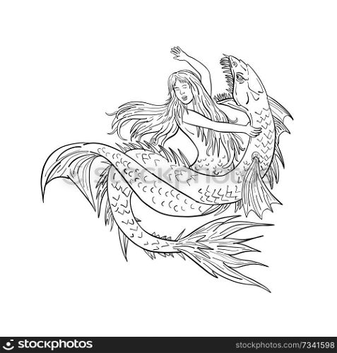 Drawing sketch style illustration of a a mermaid or siren fighting or grappling with a sea serpent or monster on isolated white background in black and white.. Mermaid Fighting a Sea Serpent Drawing Black and White