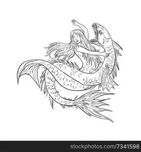Drawing sketch style illustration of a a mermaid or siren fighting or grappling with a sea serpent or monster on isolated white background in black and white.. Mermaid Fighting a Sea Serpent Drawing Black and White