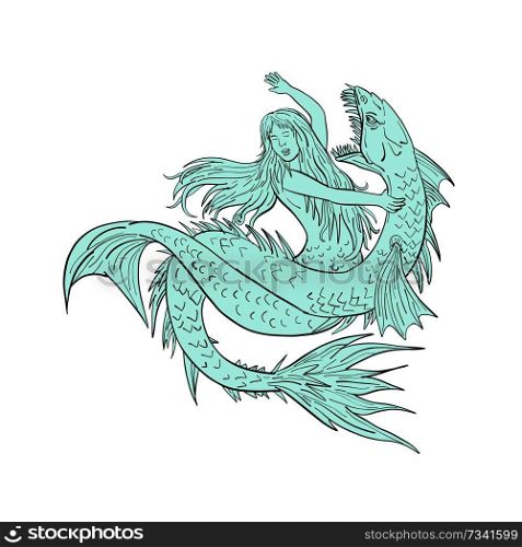 Drawing sketch style illustration of a a mermaid or siren grappling a sea serpent or monster on isolated white background.. Mermaid Grappling With Sea Serpent Drawing Color