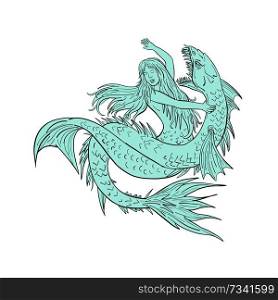 Drawing sketch style illustration of a a mermaid or siren grappling a sea serpent or monster on isolated white background.. Mermaid Grappling With Sea Serpent Drawing Color
