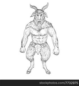Drawing sketch style illustration of a Akerbeltz or Aker a spirit in the Basque folk mythology in the form of a billy goat standing viewed from front on isolated white background.. Akerbeltz or Aker a Spirit in the Basque Folk Mythology in the Form of a Billy Goat Standing Drawing
