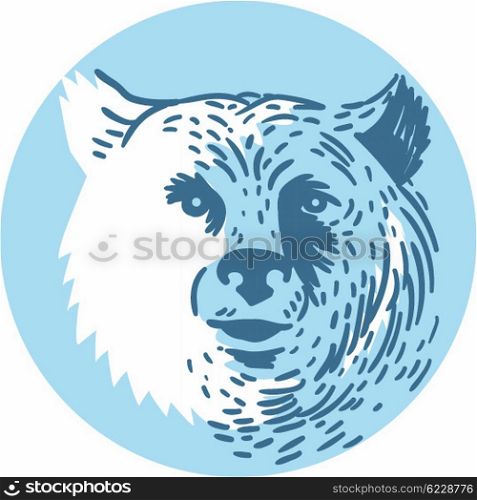 Drawing sketch style illustration of a bear head smiling viewed from front set inside circle on isolated background. . Bear Head Smiling Circle Drawing