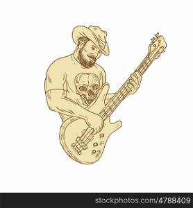 Drawing sketch style illustration of a bearded cowboy wearing hat holding playing bass guitar viewed from front set on isolated white background. . Cowboy Bass Guitar Isolated Drawing