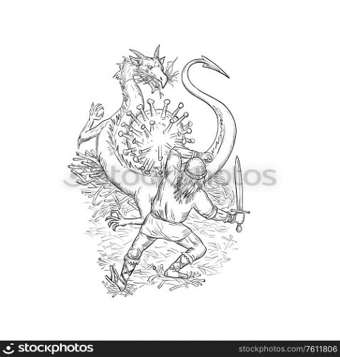 Drawing sketch style illustration of a brave medieval knight fighting an angry aggressive dragon guarding coronavirus or covid-19 cell on isolated white background in black and white.. Knight Fighting Dragon With Covid-19 Drawing