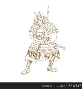 Drawing sketch style illustration of a Bushi, buke or Samurai Warrior in fighting stance with katana sword on isolated background.. Bushi Samurai Warrior Drawing