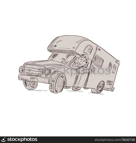 Drawing sketch style illustration of a camper van driver extending thumbs up viewed from front on isolated white background.. Camper Van Driver Thumbs Up Drawing