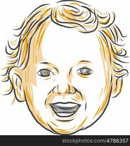 Drawing sketch style illustration of a Caucasian toddler, aged 1 to 3 years old with curly hair smiling viewed from front set on isolated white background.