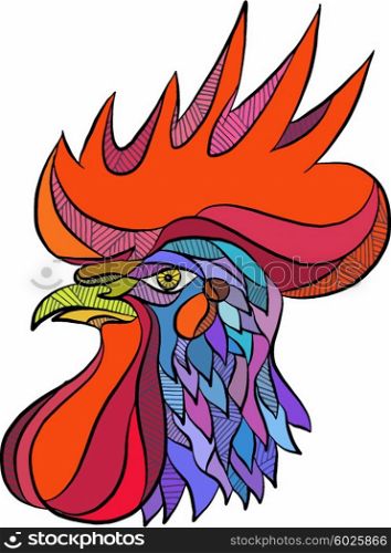 Drawing sketch style illustration of a chicken rooster head viewed from the side set on isolated white background. . Chicken Rooster Head Side Drawing